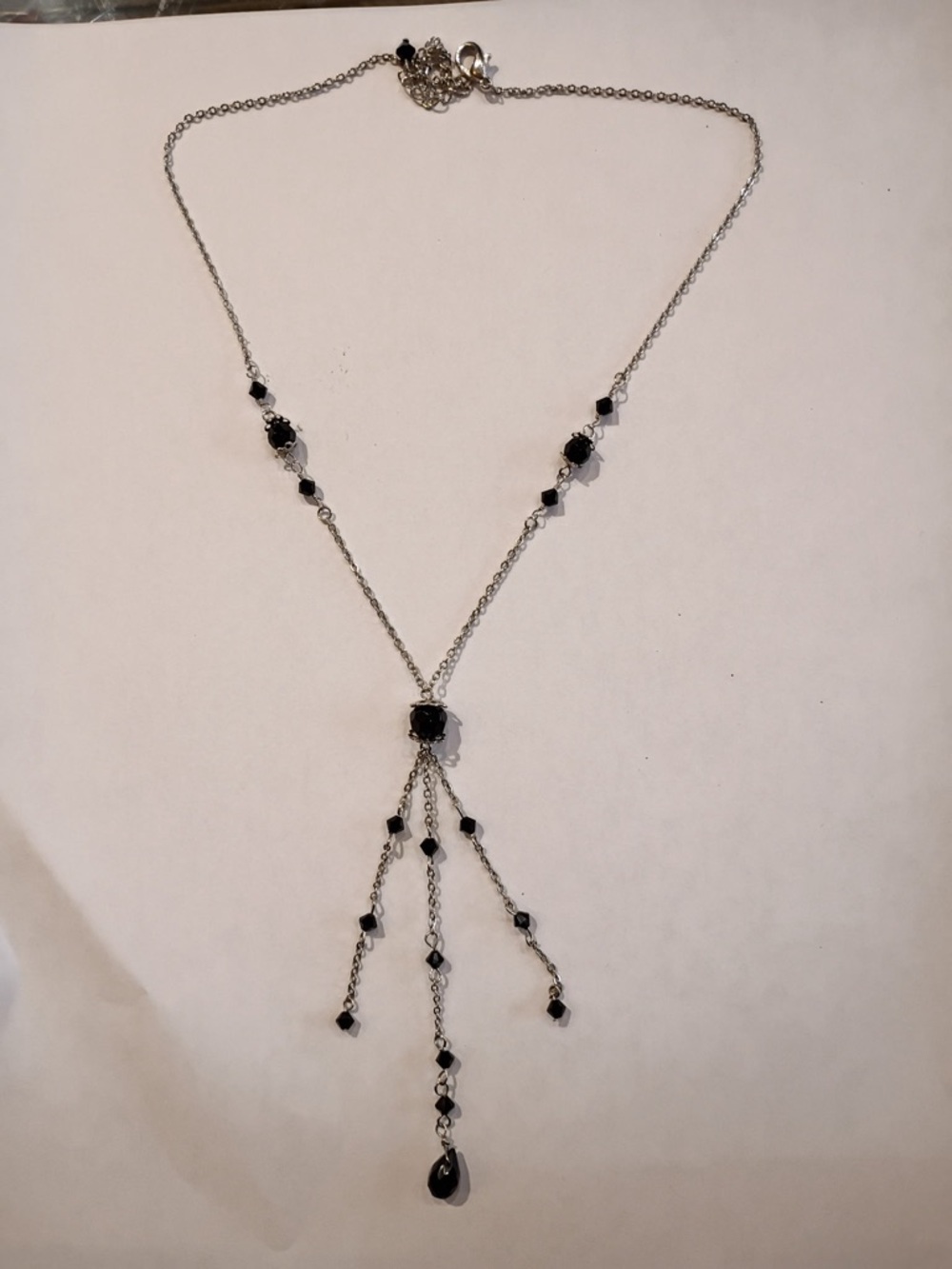 Sterling-Style Silver Necklace with Black Crystal Drops